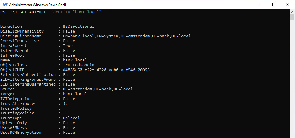 Get-ADTrust -identity "bank.local" - from DC02